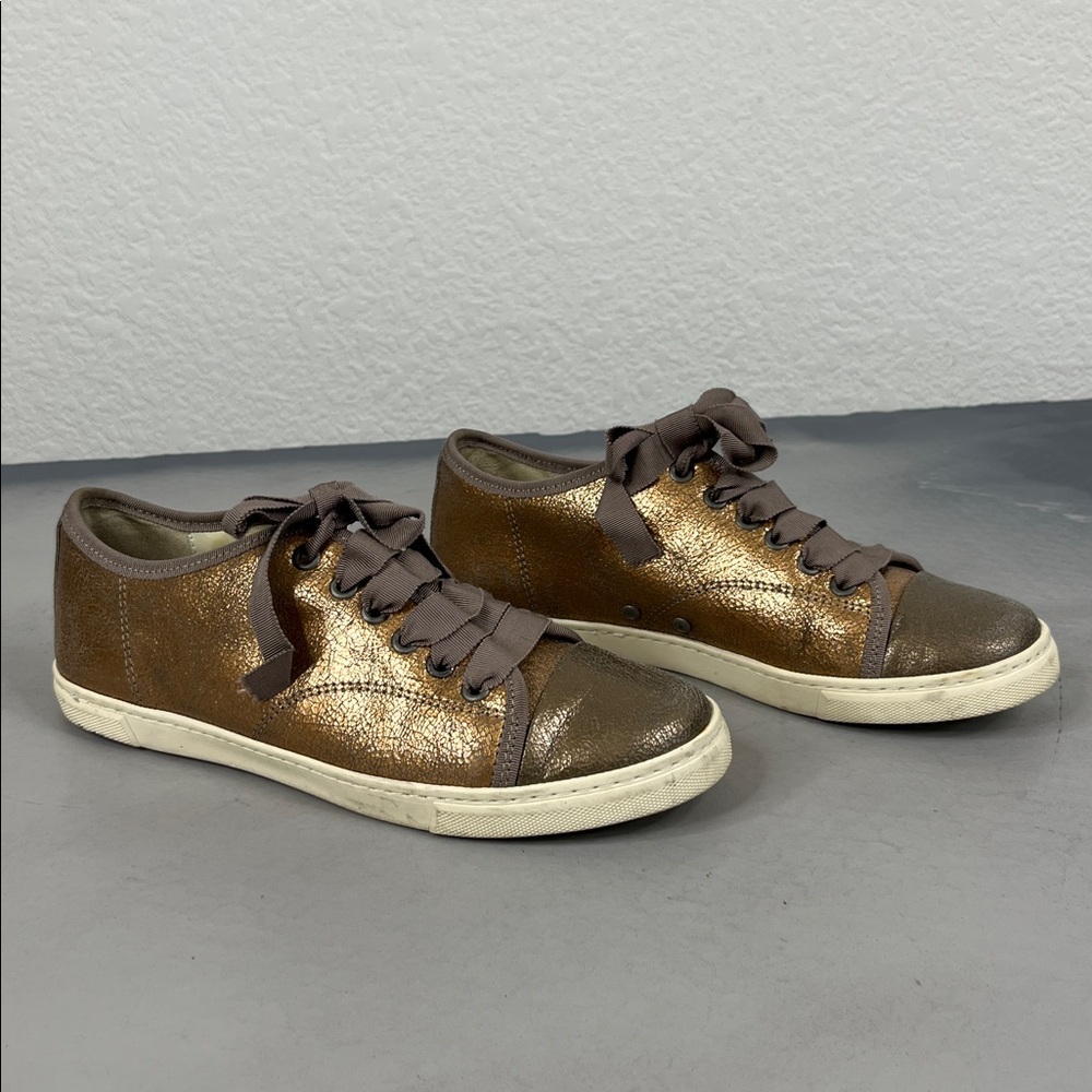 Lanvin Metallic Gold Women's Ribbon Lace Up Sneakers - Picture 1 of 8